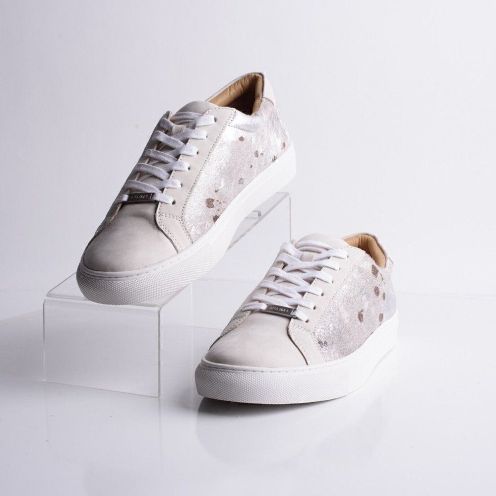 J Slides Womens Off White Metallic Lace Up Pony Hair Platform Sneakers US 10 NEW